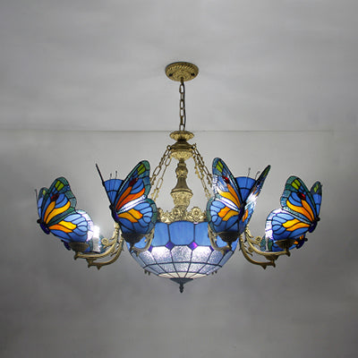 Butterfly Stained Glass Dome Chandelier with Tiffany Style Indoor Hanging Light for Foyer in White/Clear/Beige