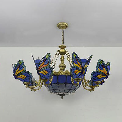 Butterfly Stained Glass Dome Chandelier with Tiffany Style Indoor Hanging Light for Foyer in White/Clear/Beige