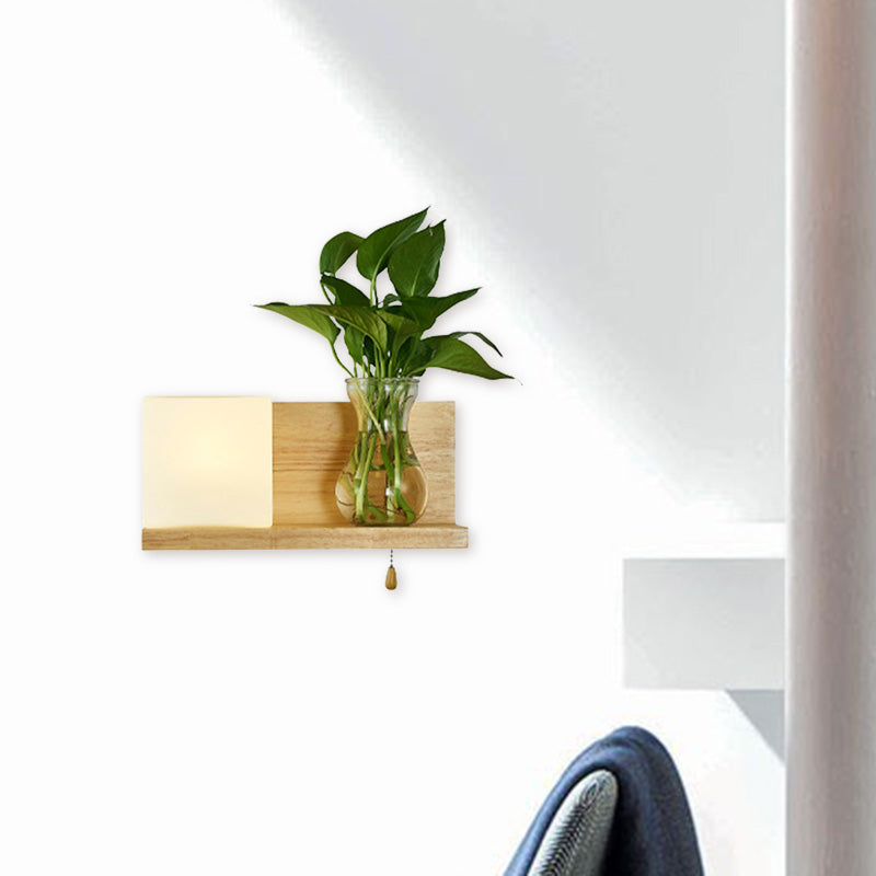 Minimalist Square Led Wall Sconce In White Glass With Wood Accent - 1 Head Left/Right