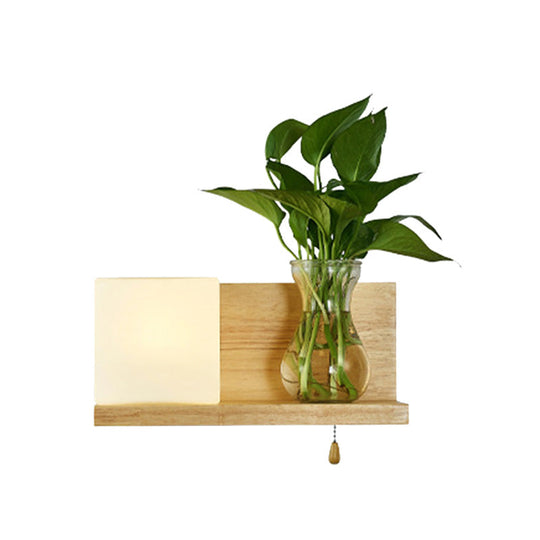 Minimalist Square Led Wall Sconce In White Glass With Wood Accent - 1 Head Left/Right