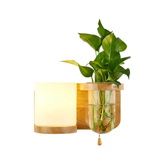 Industrial Cylindrical Led Wall Sconce With Opal Glass And Wood Mount (Left/Right)