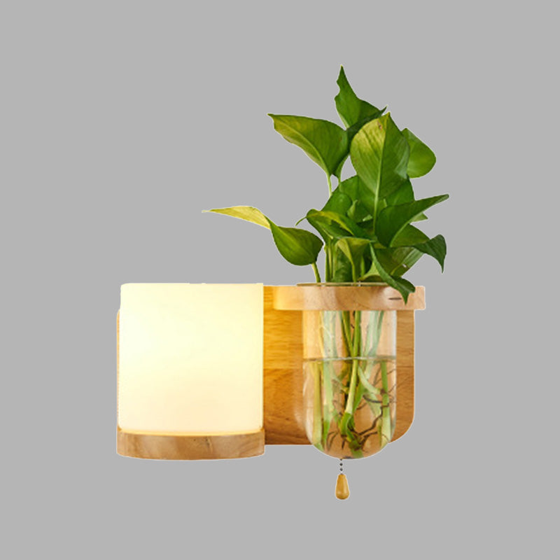 Industrial Cylindrical Led Wall Sconce With Opal Glass And Wood Mount (Left/Right)