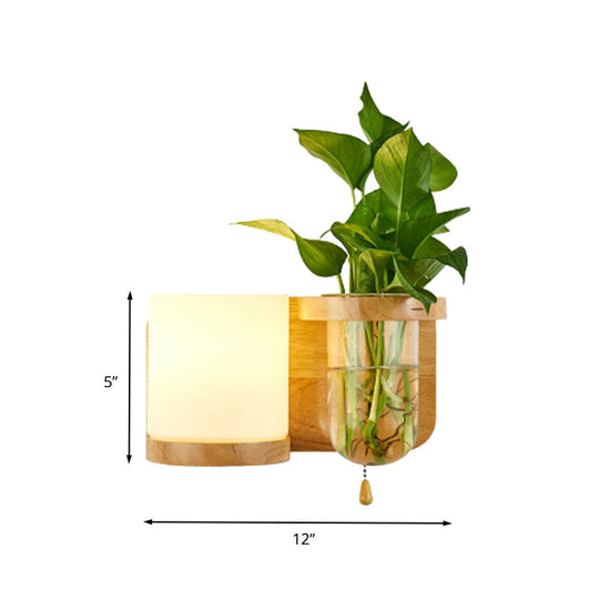 Industrial Cylindrical Led Wall Sconce With Opal Glass And Wood Mount (Left/Right)