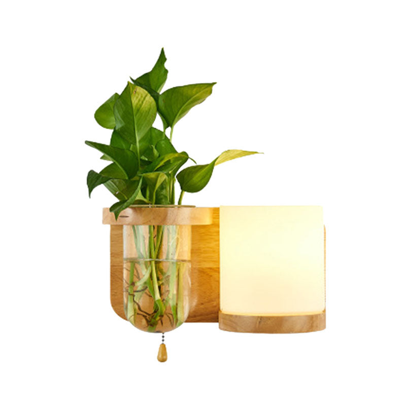 Industrial Cylindrical Led Wall Sconce With Opal Glass And Wood Mount (Left/Right)