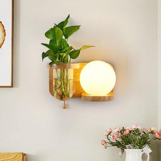 Industrial White Glass Wall Sconce With Led Bulb In Wood - Bedroom Lamp Fixture (Left/Right)