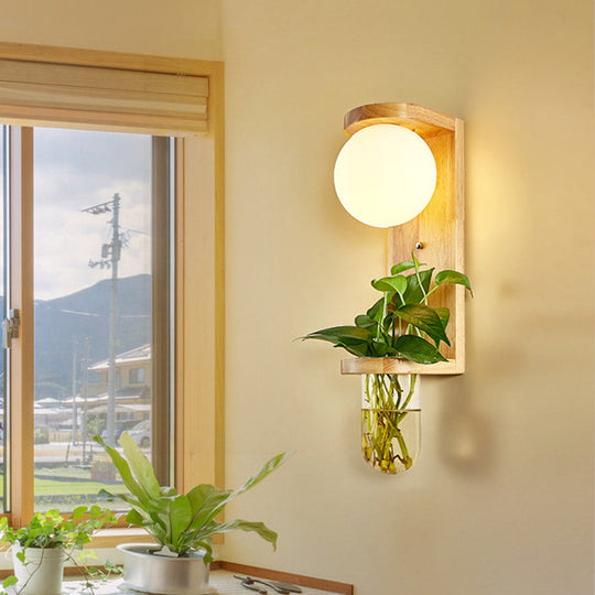 Opal Glass Up/Down Light Simple Led Wall Mount Lighting In Wood For Living Room