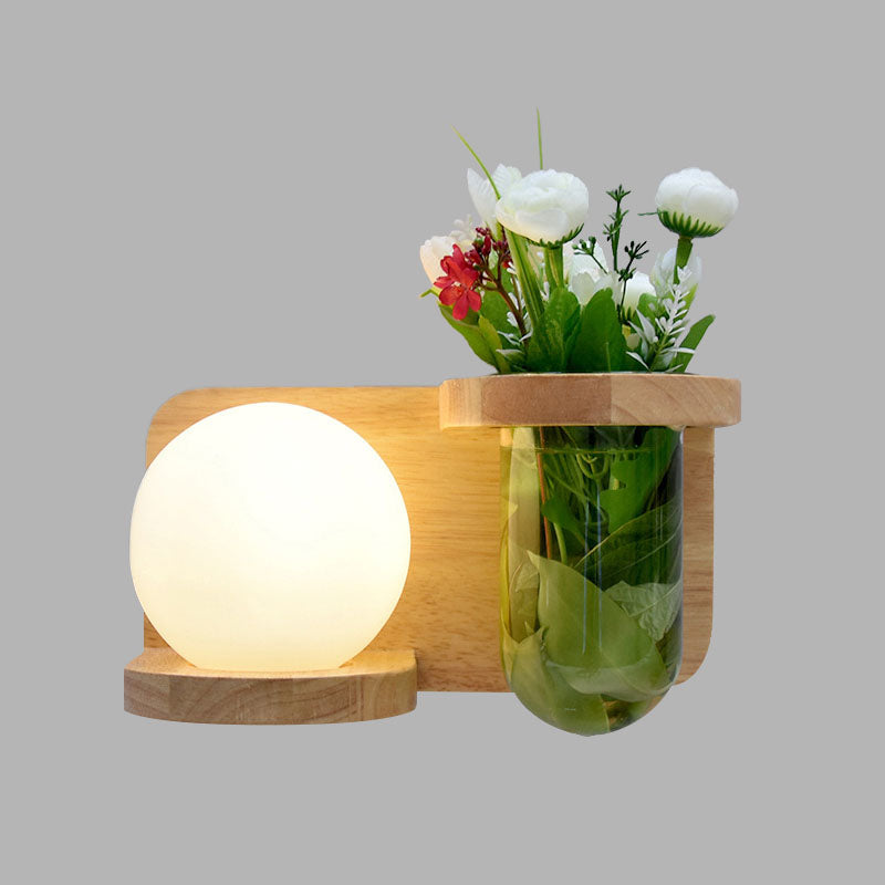 Industrial Led Wall Sconce Light - Milky Glass Orb Wood Left/Right