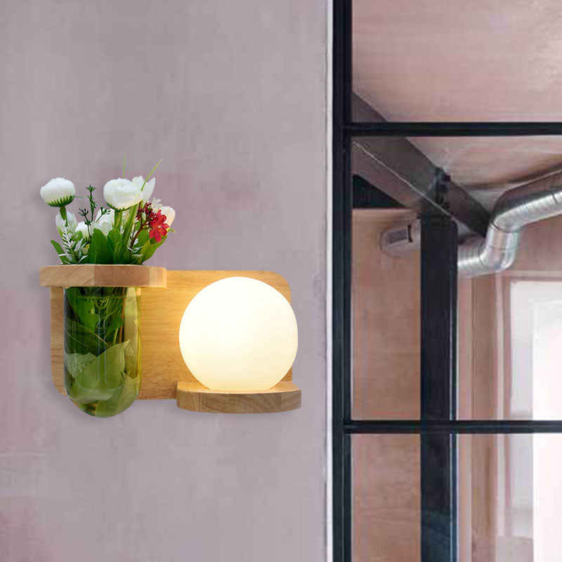 Industrial Led Wall Sconce Light - Milky Glass Orb Wood Left/Right