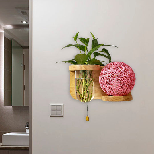 Minimalist Sphere Wall Light Sconce - Wooden Led Mounted Lighting (1 Bulb) In White/Pink/Yellow