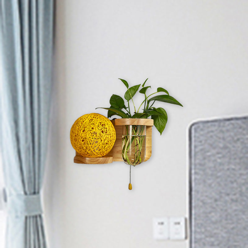 Minimalist Sphere Wall Light Sconce - Wooden Led Mounted Lighting (1 Bulb) In White/Pink/Yellow