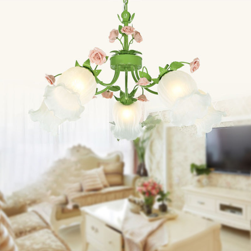 Green Glass Chandelier With Floral Pendant - Perfect For Living Room 5 /