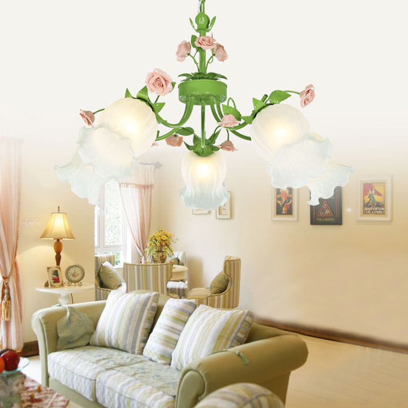 Green Glass Chandelier With Floral Pendant - Perfect For Living Room