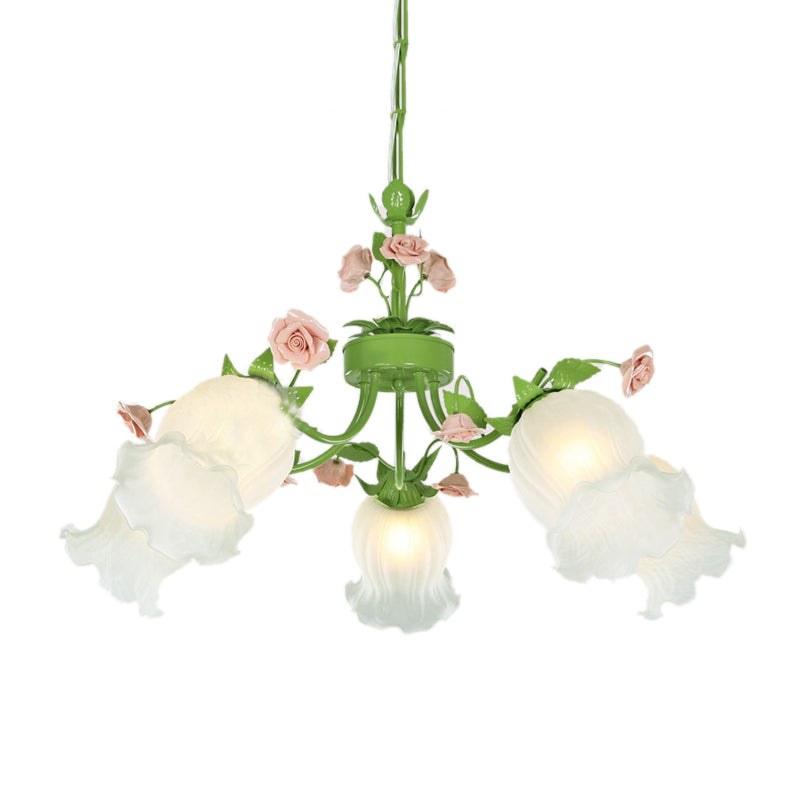 Green Glass Chandelier With Floral Pendant - Perfect For Living Room