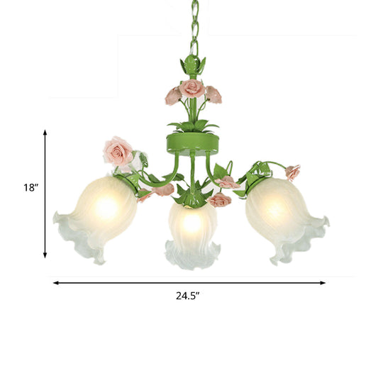 Green Glass Chandelier With Floral Pendant - Perfect For Living Room