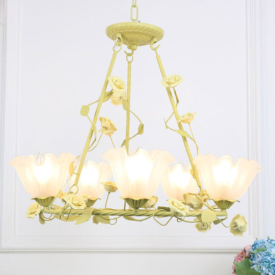 Korean Flower Frosted Glass Circle Pendant Chandelier - Green 5 Heads Ceiling Light For Living Room