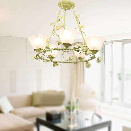 Korean Flower Frosted Glass Circle Pendant Chandelier - Green 5 Heads Ceiling Light For Living Room