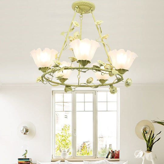 Korean Flower Frosted Glass Circle Pendant Chandelier - Green 5 Heads Ceiling Light For Living Room