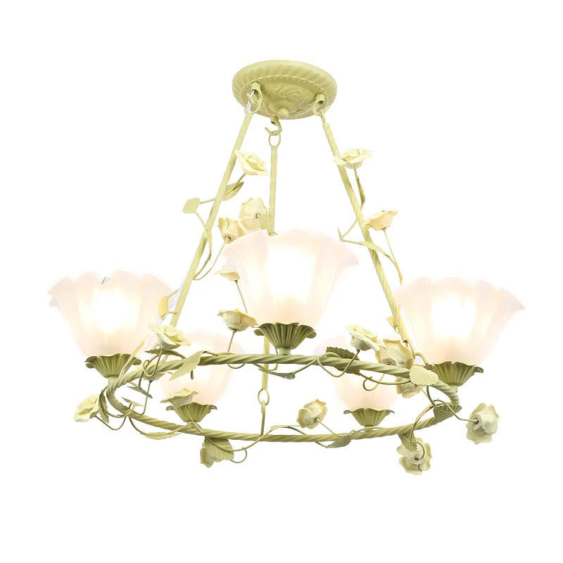 Korean Flower Frosted Glass Circle Pendant Chandelier - Green 5 Heads Ceiling Light For Living Room