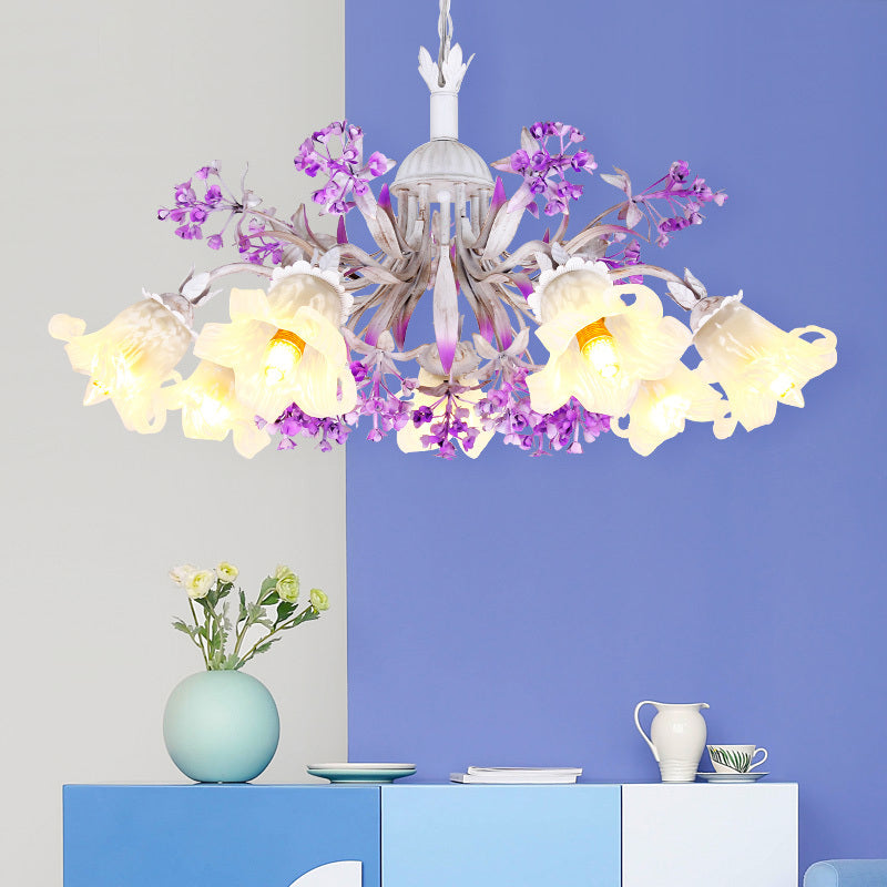 White Glass Floral Chandelier - Elegant Hanging Pendant Light Fixture For Living Room 3/5/7 Led