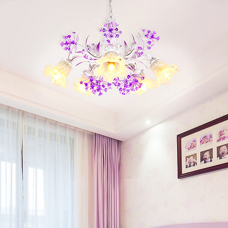 White Glass Floral Chandelier - Elegant Hanging Pendant Light Fixture For Living Room 3/5/7 Led