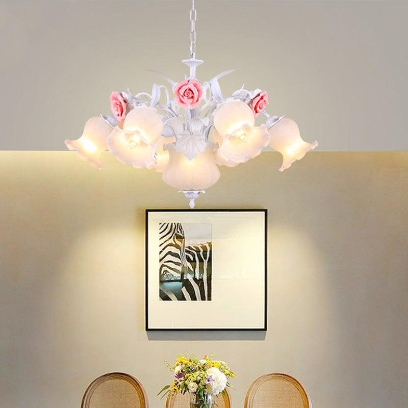 Countryside Blossom Chandelier - 8 Head White Glass Pendant Ceiling Light For Dining Room