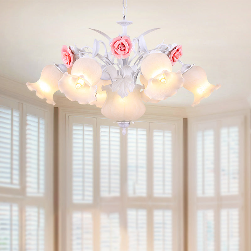 Countryside Blossom Chandelier - 8 Head White Glass Pendant Ceiling Light For Dining Room