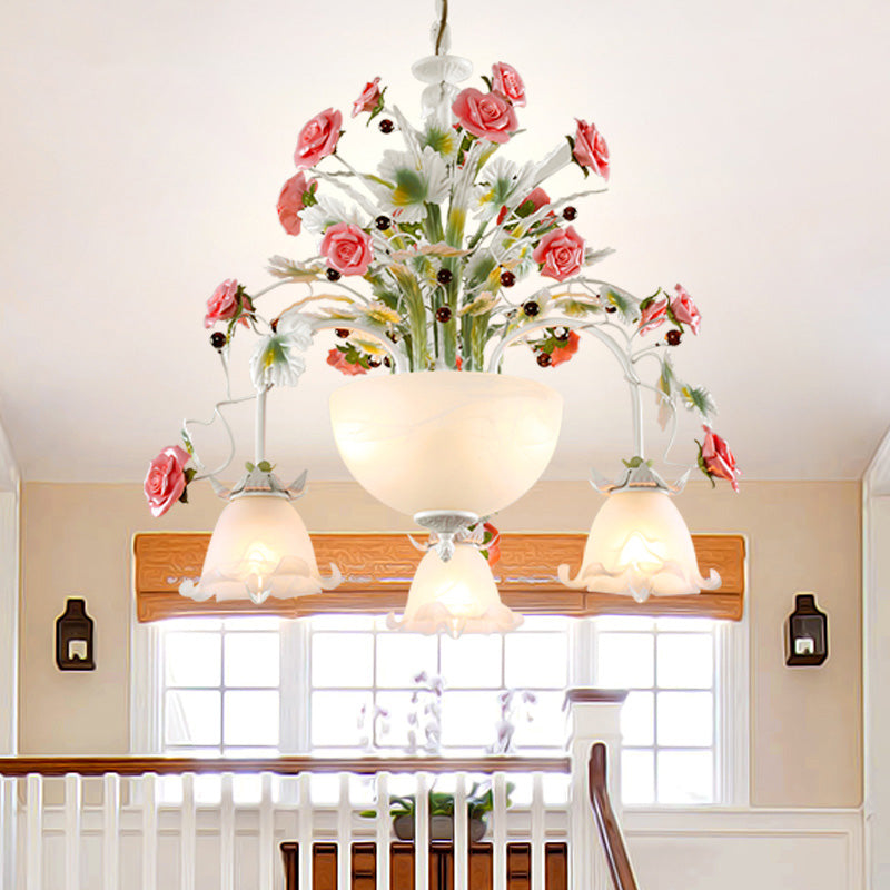 5-Head Milk Glass Chandelier: Stylish Countryside Flower Suspension Lamp For Stairs White