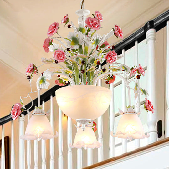 5-Head Milk Glass Chandelier: Stylish Countryside Flower Suspension Lamp For Stairs