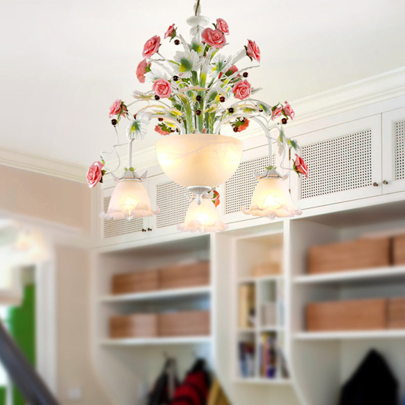 5-Head Milk Glass Chandelier: Stylish Countryside Flower Suspension Lamp For Stairs