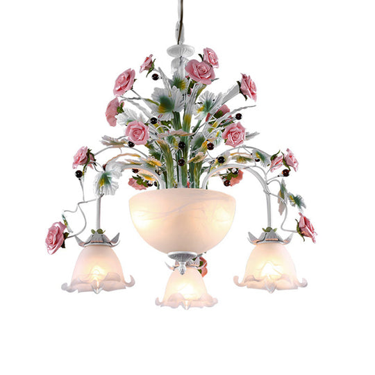 5-Head Milk Glass Chandelier: Stylish Countryside Flower Suspension Lamp For Stairs