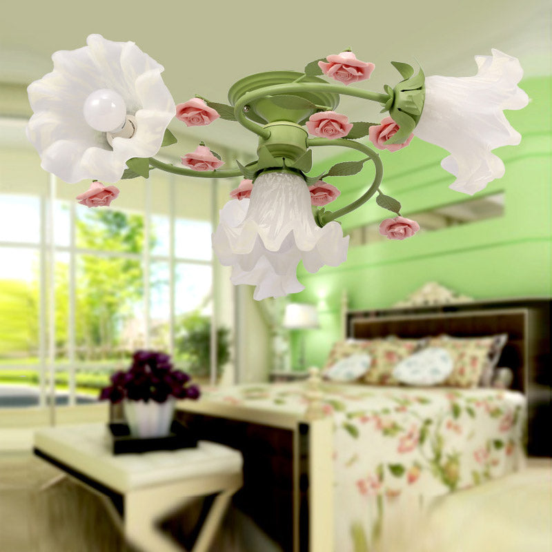 Green Milk Glass Scalloped Ceiling Light Fixture - Pastoral Style Semi Flush Mount With 4 Heads