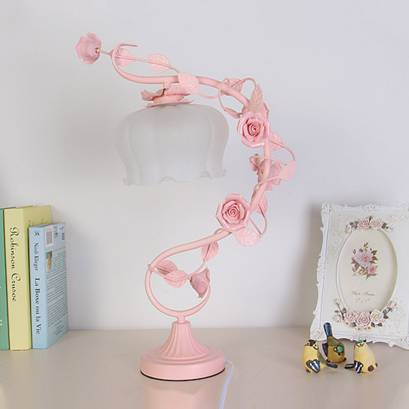 Pastoral Bloom Nightstand Lamp - Frosted White Glass Table Light With Pink Hue