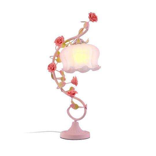 Pastoral Bloom Nightstand Lamp - Frosted White Glass Table Light With Pink Hue