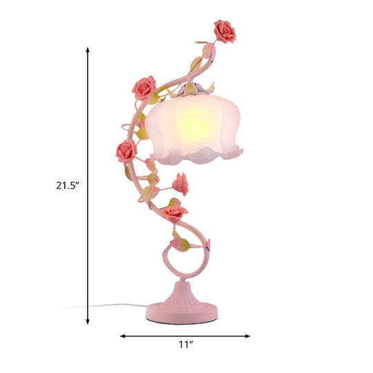 Pastoral Bloom Nightstand Lamp - Frosted White Glass Table Light With Pink Hue