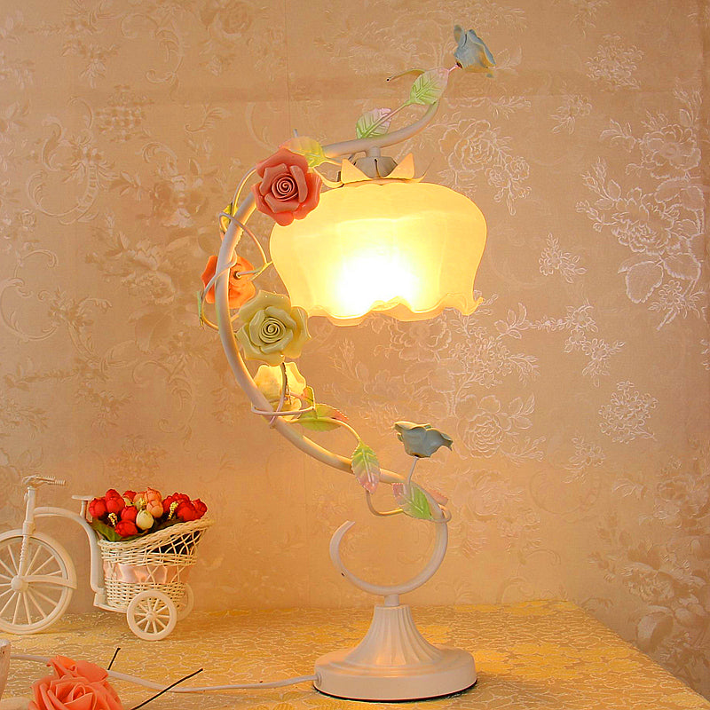 Countryside Flower Glass Nightstand Lamp - 1 Bulb Pink/Blue/Green Lighting For Bedroom