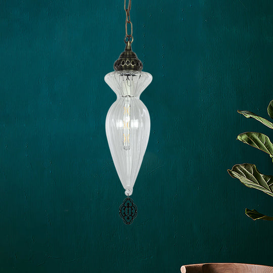 Traditional Clear Ribbed Glass Hanging Pendant Light For Dining Room - Gourd Design 1 Head Ceiling