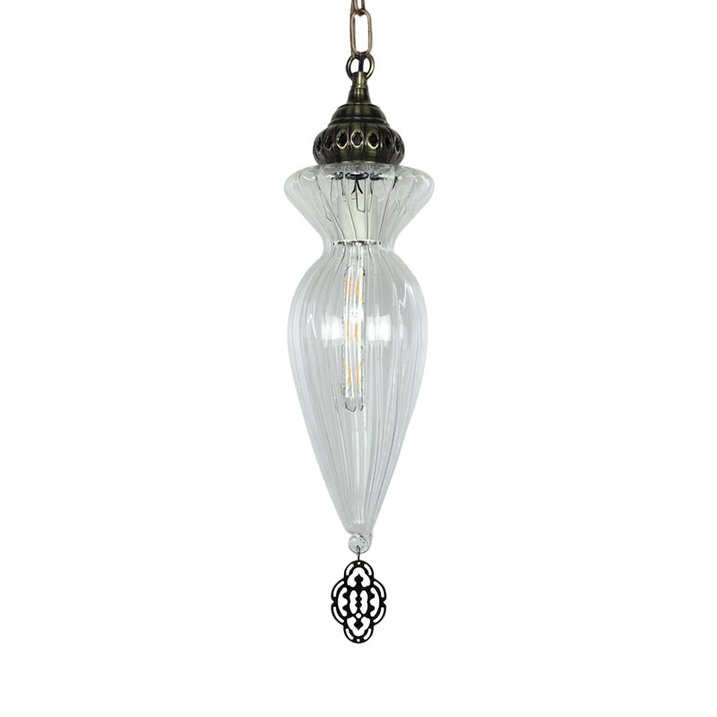 Traditional Clear Ribbed Glass Hanging Pendant Light For Dining Room - Gourd Design 1 Head Ceiling