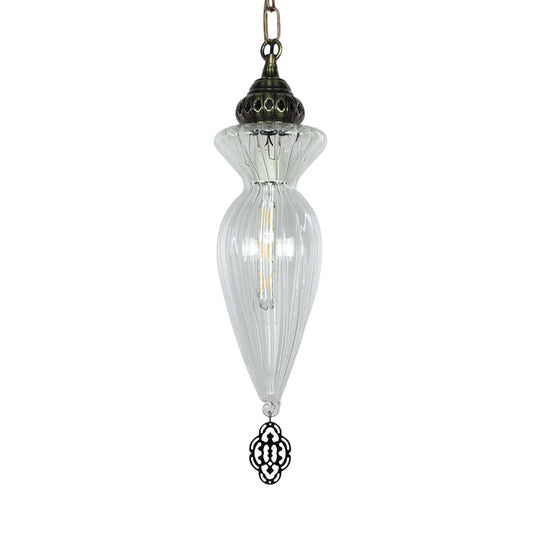 Traditional Clear Ribbed Glass Hanging Pendant Light For Dining Room - Gourd Design 1 Head Ceiling