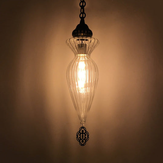 Traditional Clear Ribbed Glass Hanging Pendant Light For Dining Room - Gourd Design 1 Head Ceiling