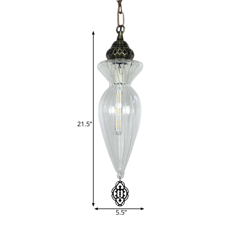 Traditional Clear Ribbed Glass Hanging Pendant Light For Dining Room - Gourd Design 1 Head Ceiling