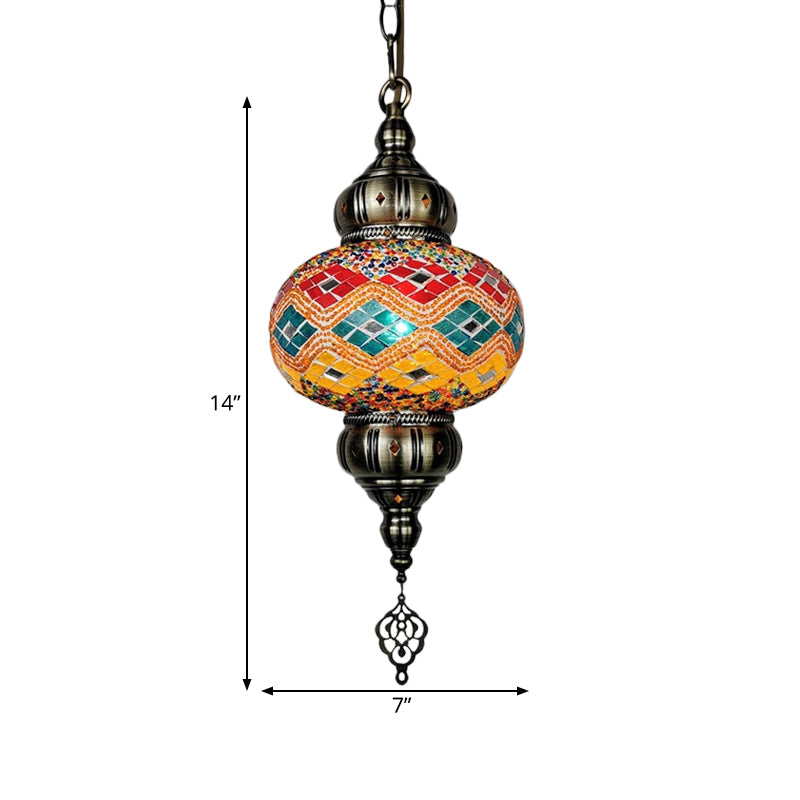 Traditional Cut Glass Oval Pendant Light- Beige/Yellow/Blue- Dining Room Fixture