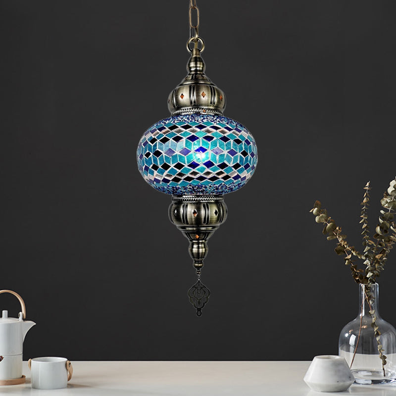 Traditional Cut Glass Oval Pendant Light- Beige/Yellow/Blue- Dining Room Fixture Blue