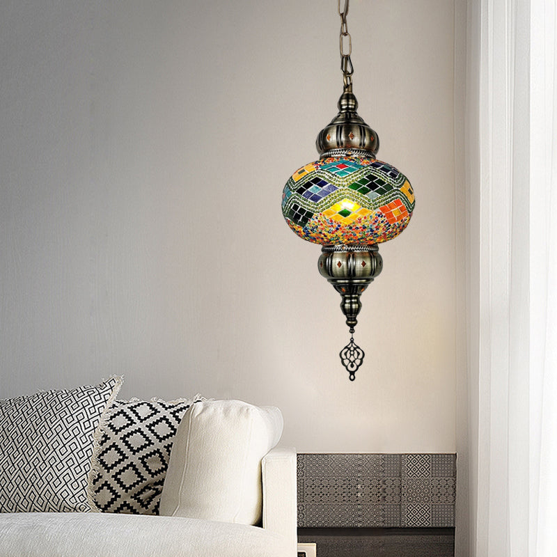 Traditional Cut Glass Oval Pendant Light- Beige/Yellow/Blue- Dining Room Fixture