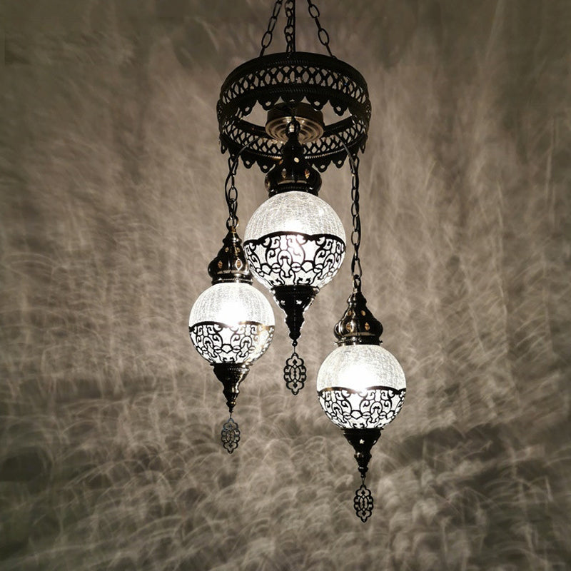 Traditional Globe Crackle Glass Hanging Chandelier With 3 Heads White/Bronze Ceiling Light Bronze