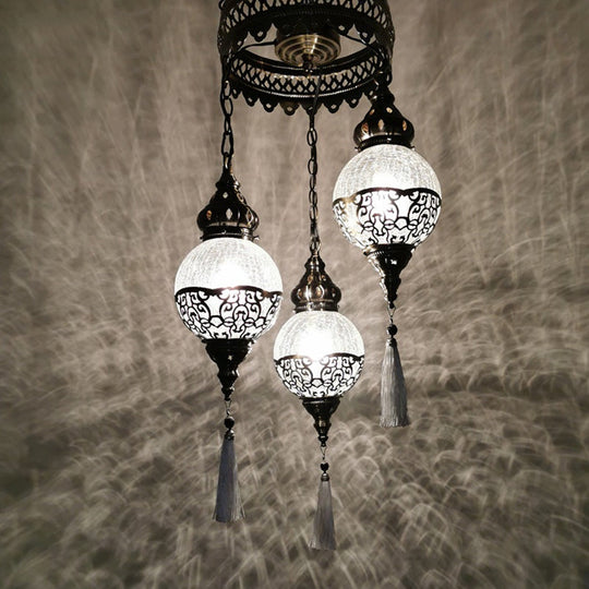 Traditional Globe Crackle Glass Hanging Chandelier With 3 Heads White/Bronze Ceiling Light