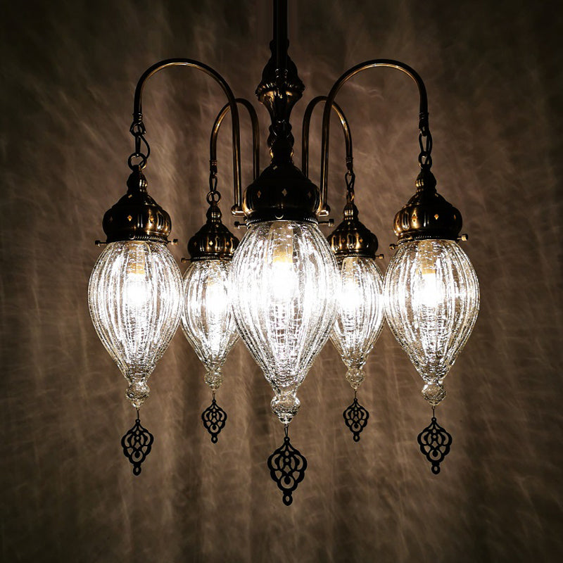 Bronze 5-Head Chandelier: Traditional Ribbed Glass Teardrop Ceiling Light With White Finish