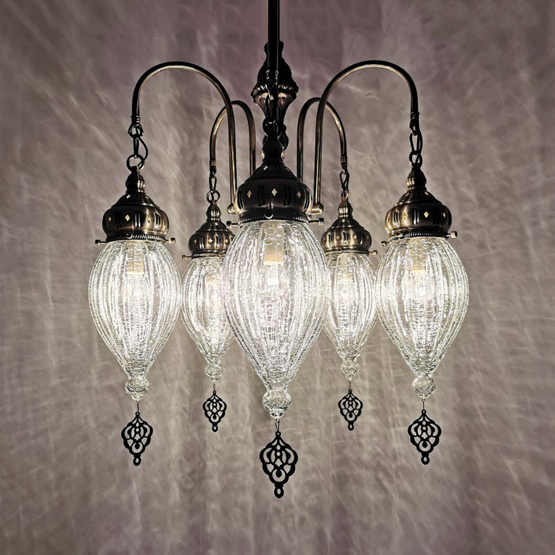 Bronze 5-Head Chandelier: Traditional Ribbed Glass Teardrop Ceiling Light With White Finish