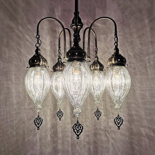 Bronze 5-Head Chandelier: Traditional Ribbed Glass Teardrop Ceiling Light With White Finish