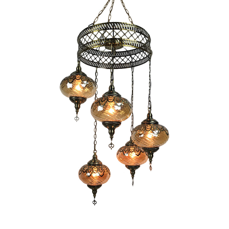 Amber Swirl Glass Pendant Light - Traditional Bronze Oval Chandelier For Living Room