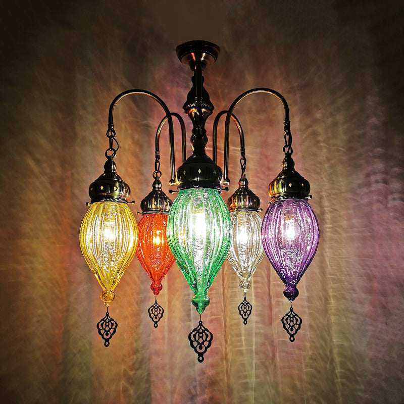 Traditional 5-Head Gourd Chandelier Light With Ribbed Red/Yellow/Green Glass Red